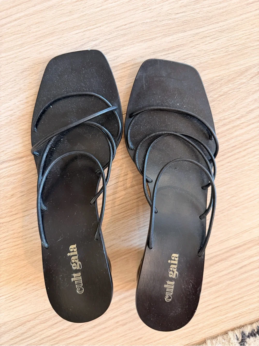 cult gaia Black Minimalist Strappy Square-Toe Heels